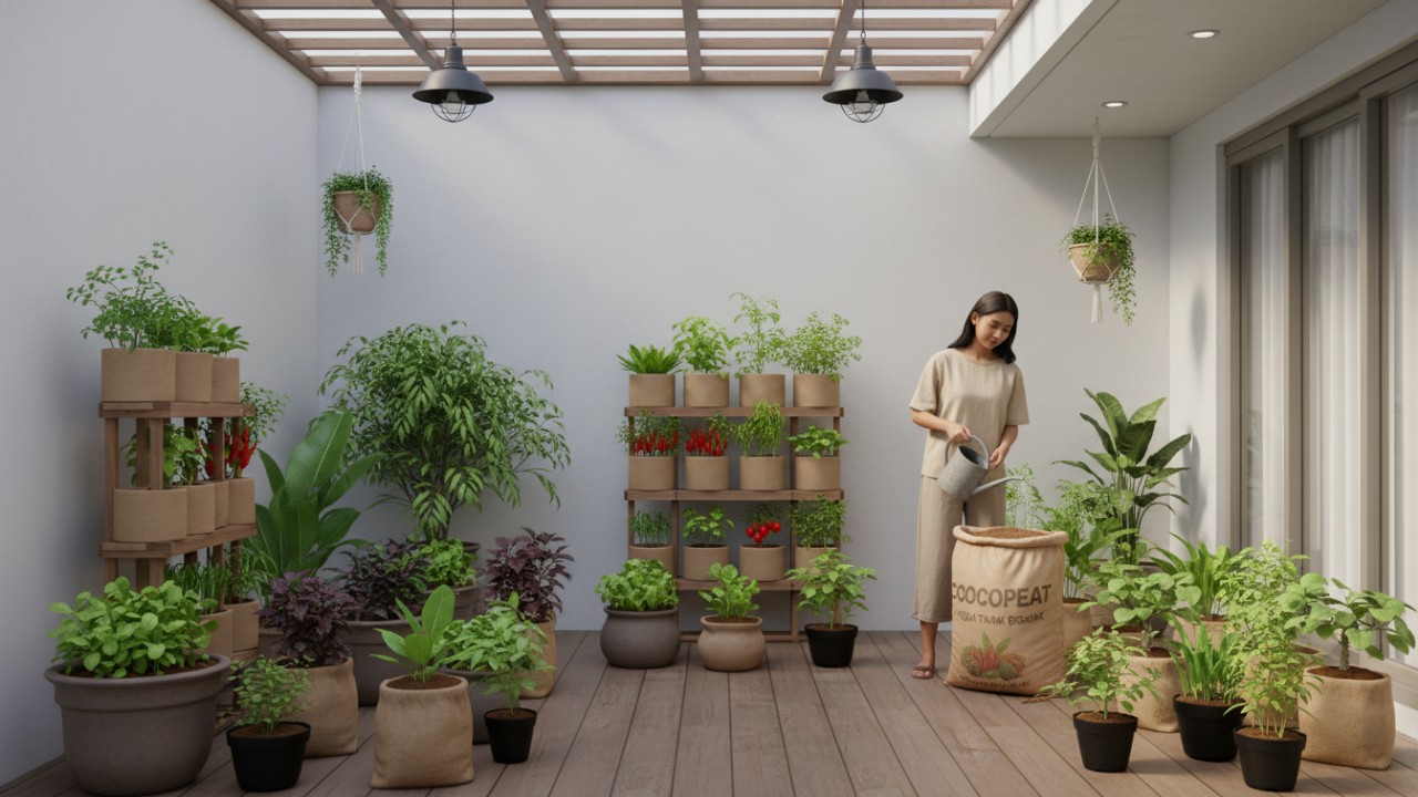 Kebun sayur rumah menggunakan cocopeat di area sempit hunian.