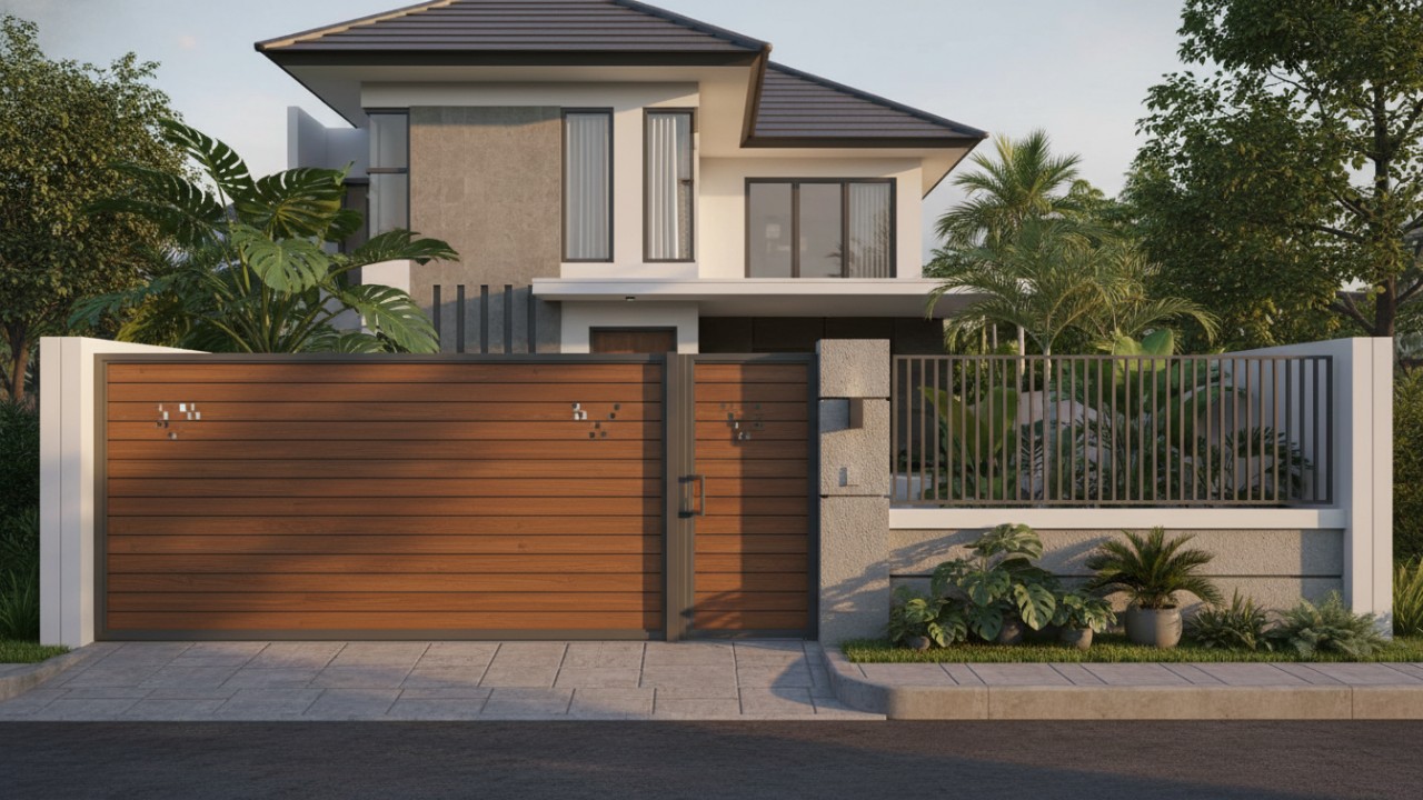 Pagar lisplang baja ringan motif kayu memperkuat kesan modern dan rapi pada fasad rumah.
