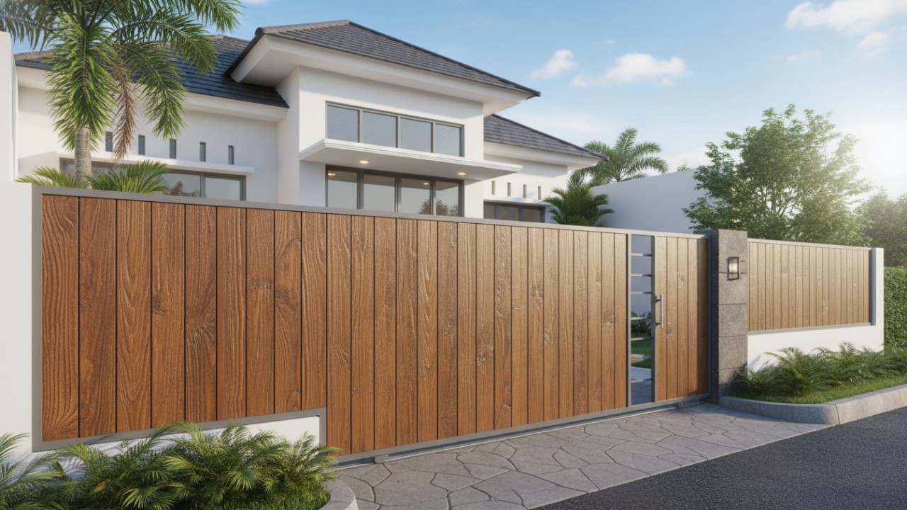 Tampilan serat kayu realistis pada pagar baja ringan rumah modern.