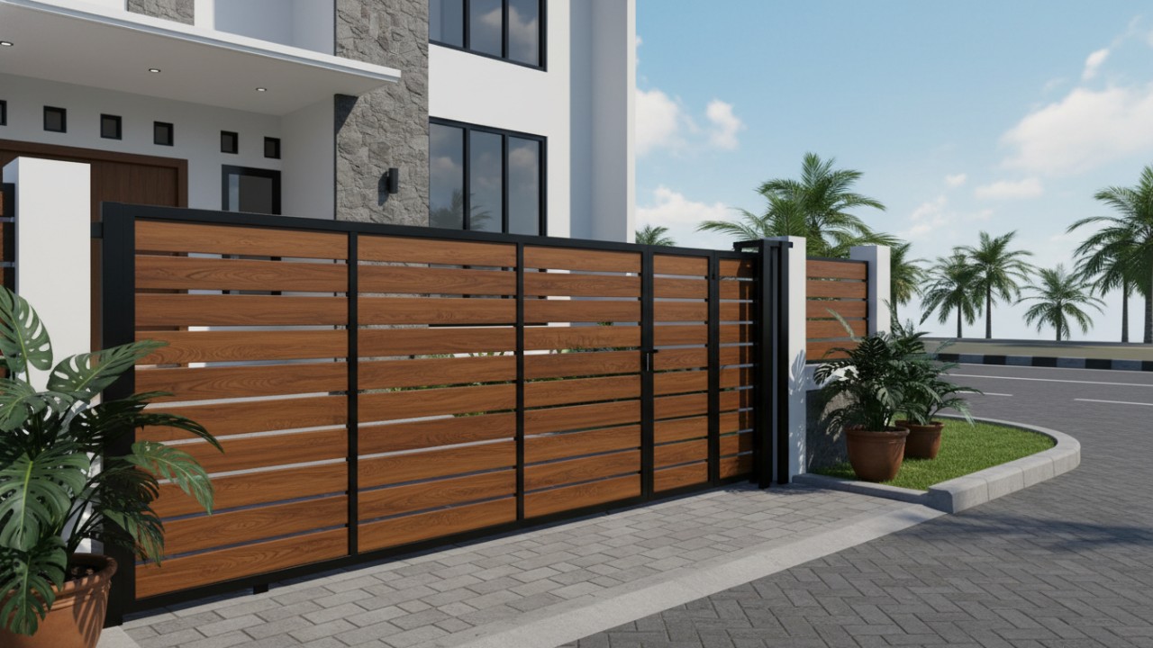 Kombinasi pagar motif kayu dengan dinding netral hunian perkotaan.