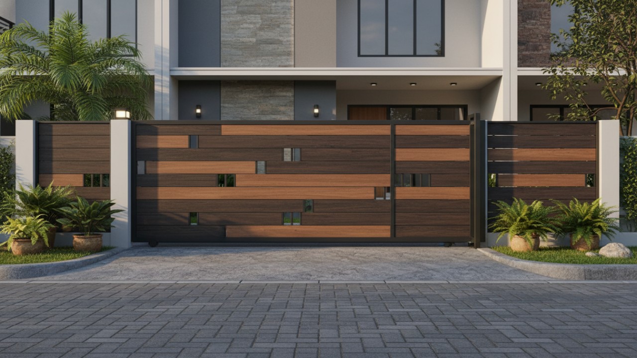 Pagar lisplang baja ringan motif kayu memperkuat kesan premium dan hangat pada fasad rumah modern.