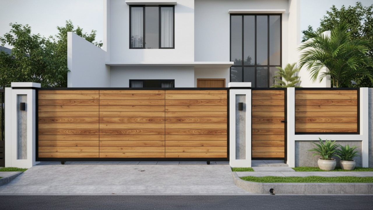 Detail tekstur motif kayu pada lisplang baja ringan rumah urban.