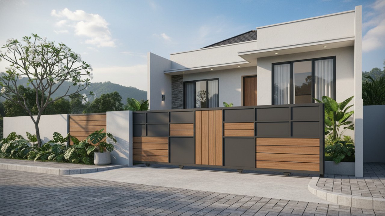Kombinasi warna pagar motif kayu dengan fasad modern kontemporer.