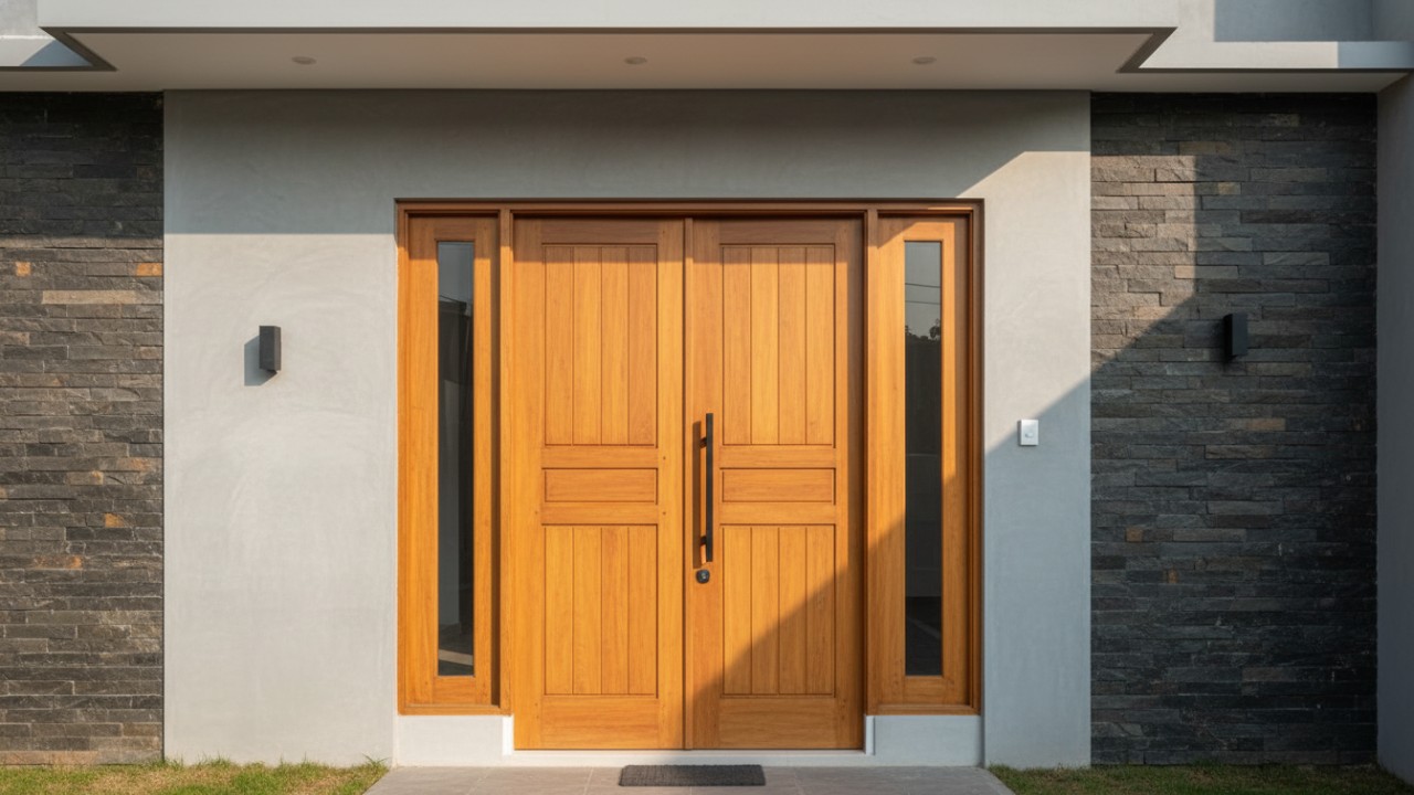 Pintu rumah minimalis 2025 dengan garis tegas dan finishing natural sebagai fokus fasad hunian modern.