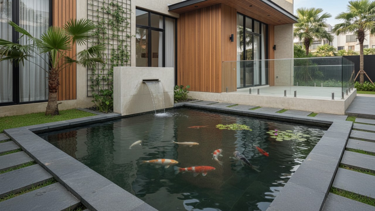 Kolam ikan kecil sebagai aksen visual pada teras depan rumah.