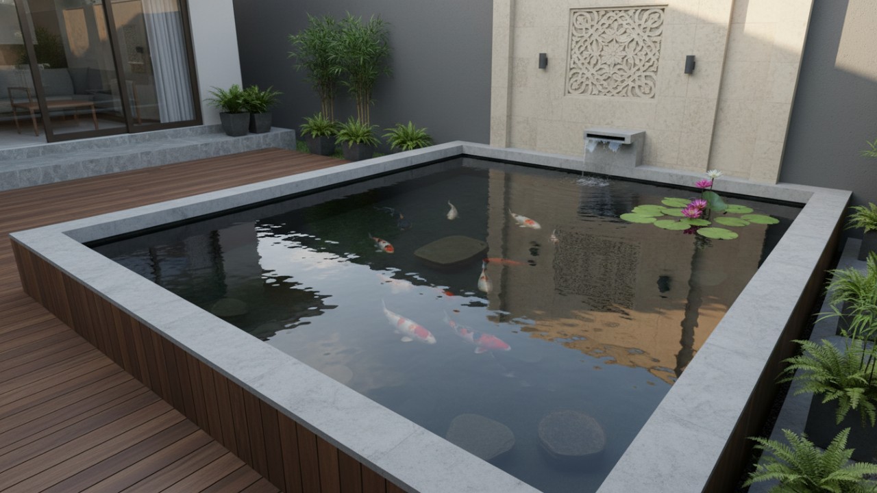 Detail material batu alam dan air pada kolam minimalis.