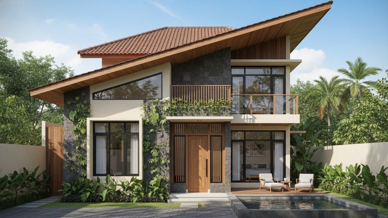 Visual rumah kecil dengan desain split level modern dan adaptif.