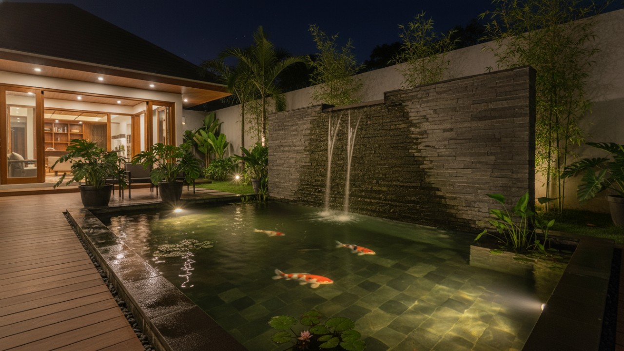 Efek pencahayaan malam hari pada kolam ikan depan rumah.