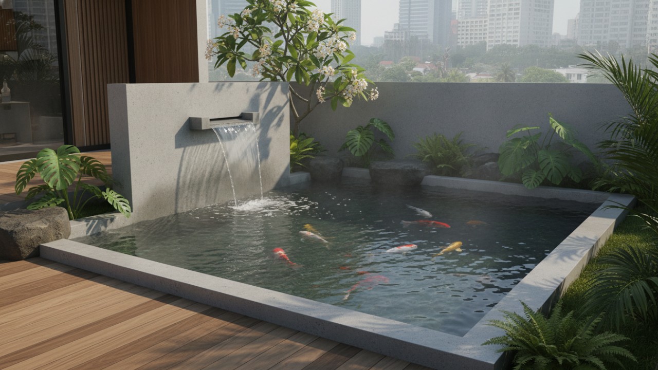Kolam ikan minimalis yang menyatu dengan desain hunian urban.