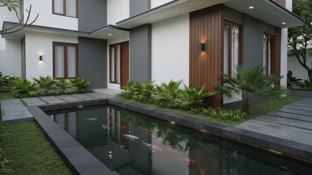 Kolam ikan minimalis sudut depan rumah modern dengan material beton dan batu alam menghadirkan kesan bersih dan natural.