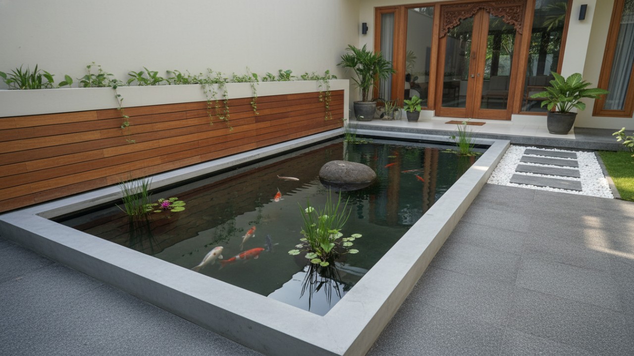 Sudut depan rumah modern dengan kolam ikan geometris sebagai titik fokus visual.