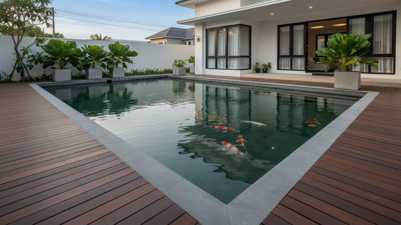 Detail material beton ekspos dan batu alam pada kolam ikan minimalis.