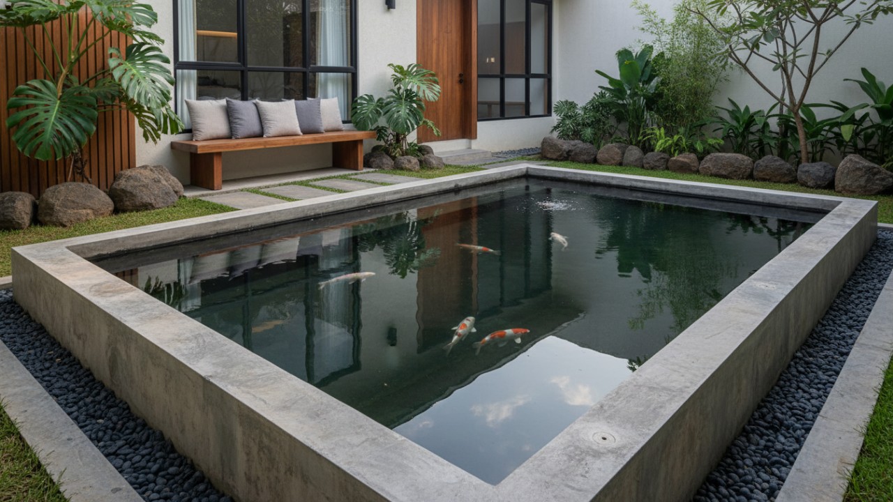Ikan koi berenang di kolam sudut depan rumah dengan warna kontras.