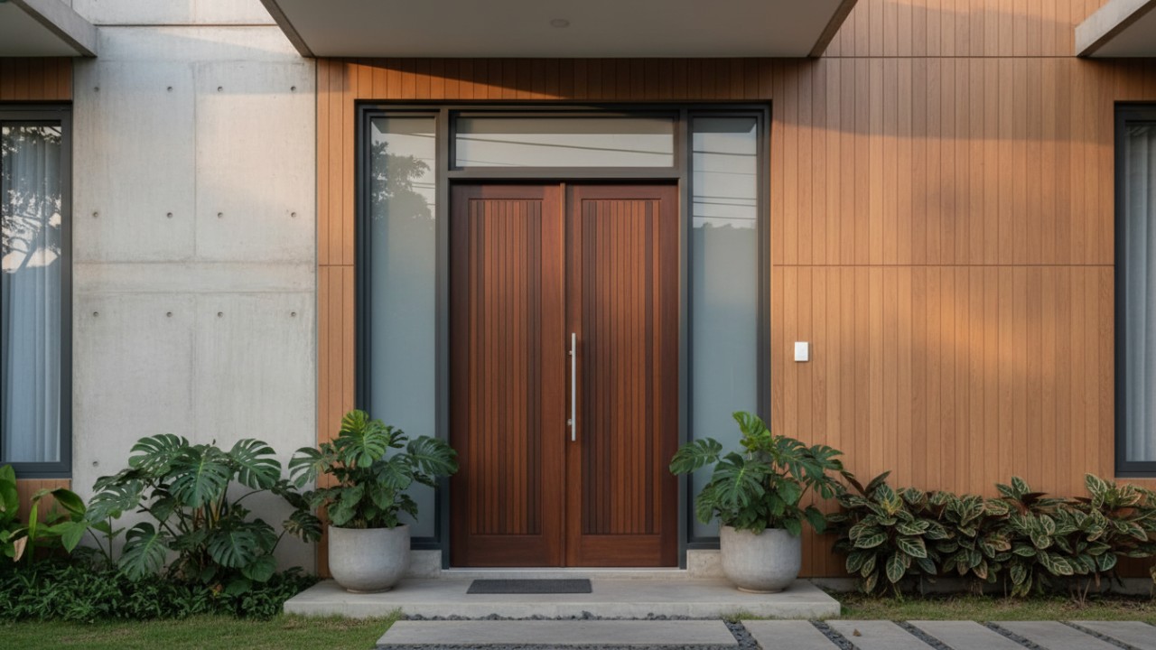 Pintu rumah minimalis 2025 dengan desain bersih dan material modern sebagai fokus visual fasad.