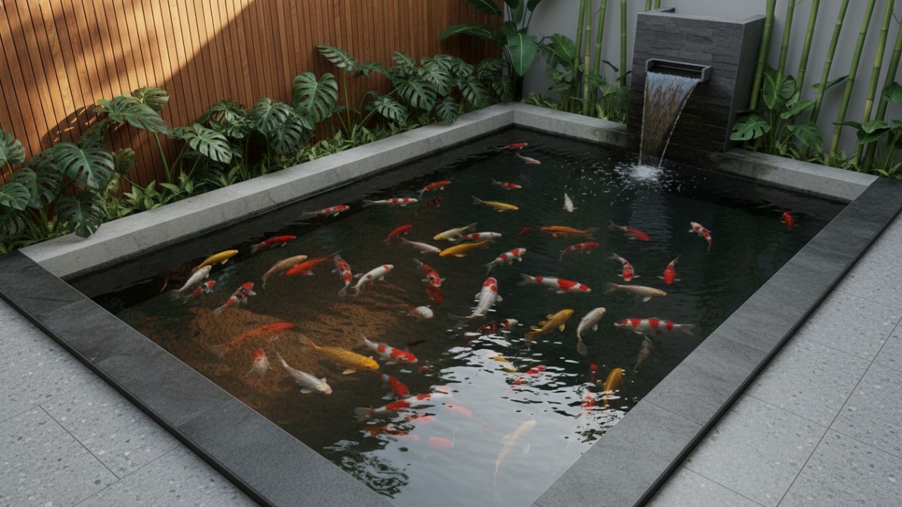 Pantulan air kolam memperkuat kesan hidup pada fasad rumah.