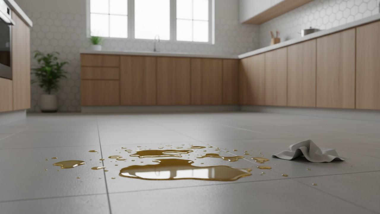 Cipratan minyak di lantai dapur yang perlu segera dibersihkan.