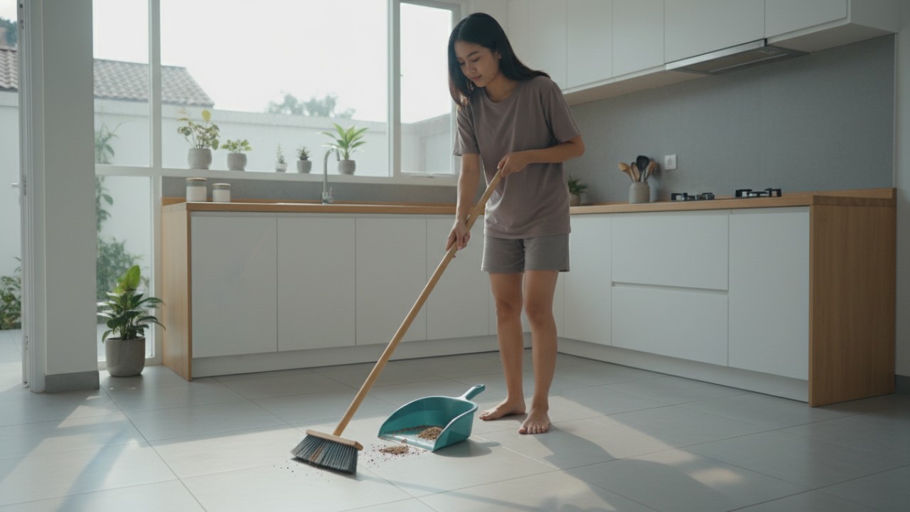 Proses menyapu lantai dapur sebelum mengepel.