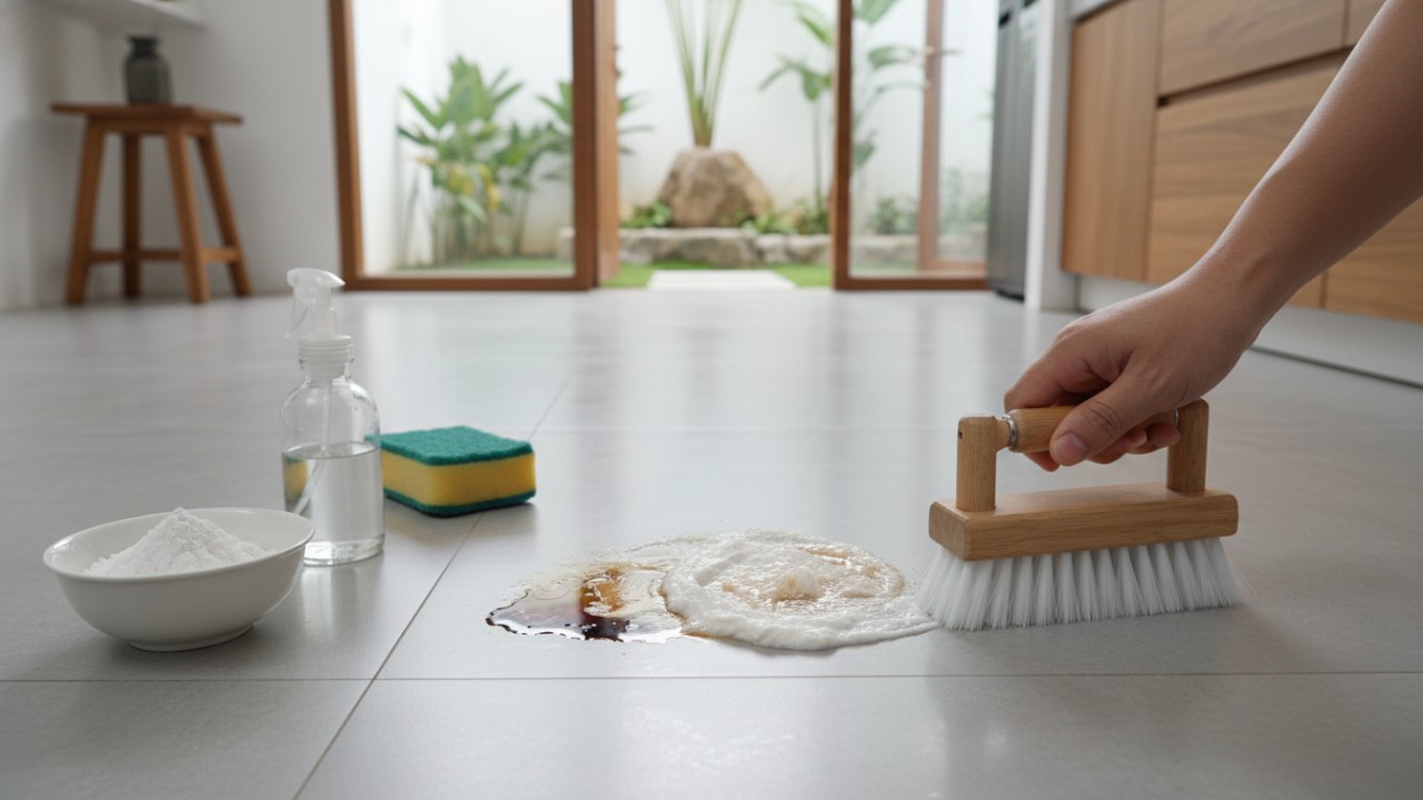 Scrub soda kue untuk noda minyak membandel di lantai.