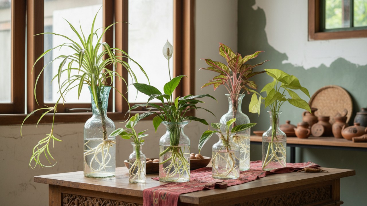 Peace lily mini dalam botol sebagai aksen