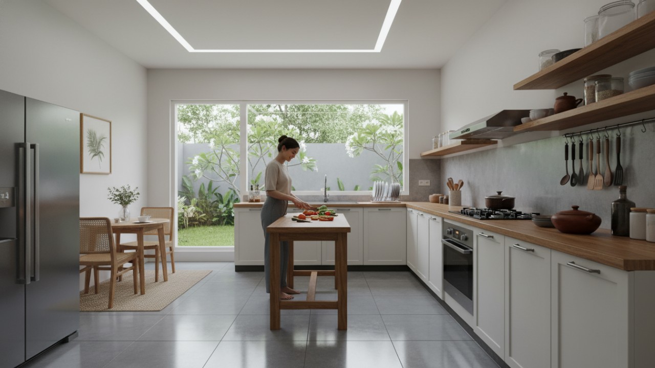 Lantai dapur bersih dan kering mendukung keamanan aktivitas memasak.