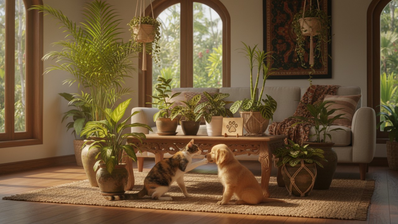 Calathea bermotif daun dekoratif di ruang tamu ramah anabul