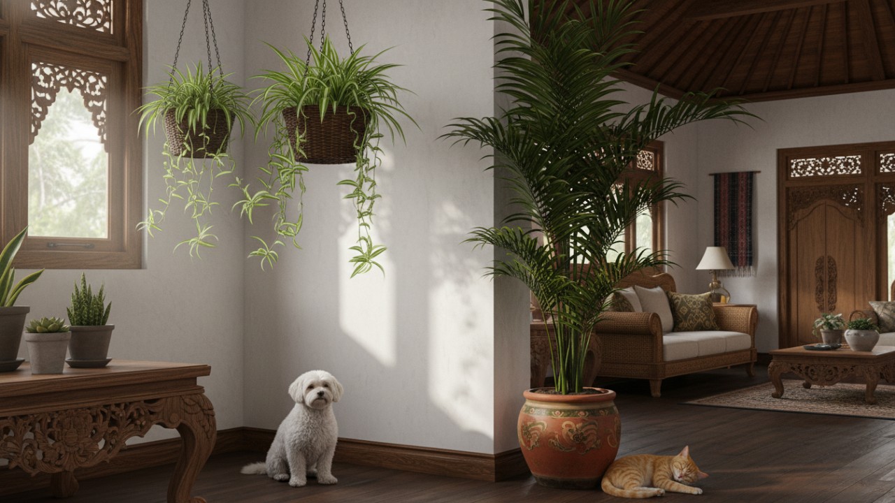 Spider plant tampil menarik sebagai pot gantung, menciptakan kesan ringan dan dinamis. Sementara kentia palm menghadirkan aura elegan, cocok untuk ruang dengan langit-langit tinggi atau area tamu.
