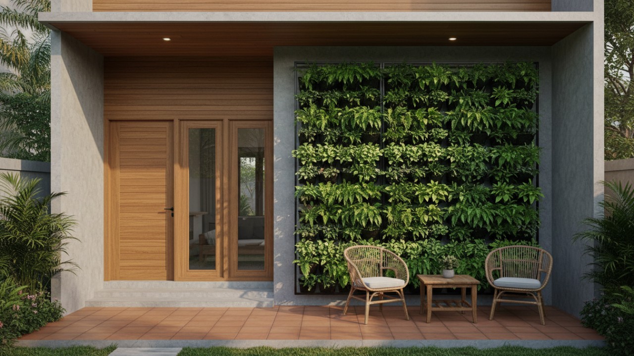 teras rumah yang diberi tanaman yang  indah