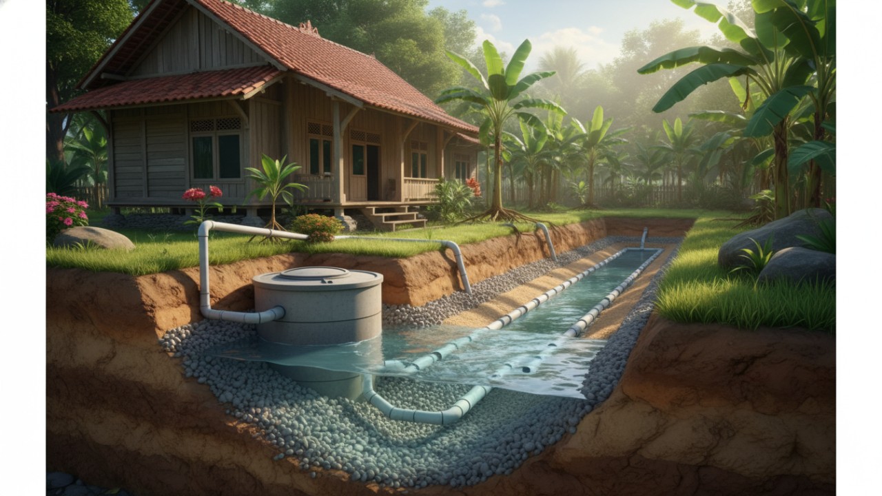 Ilustrasi septic tank rumah dengan sistem resapan tanah yang berfungsi optimal.