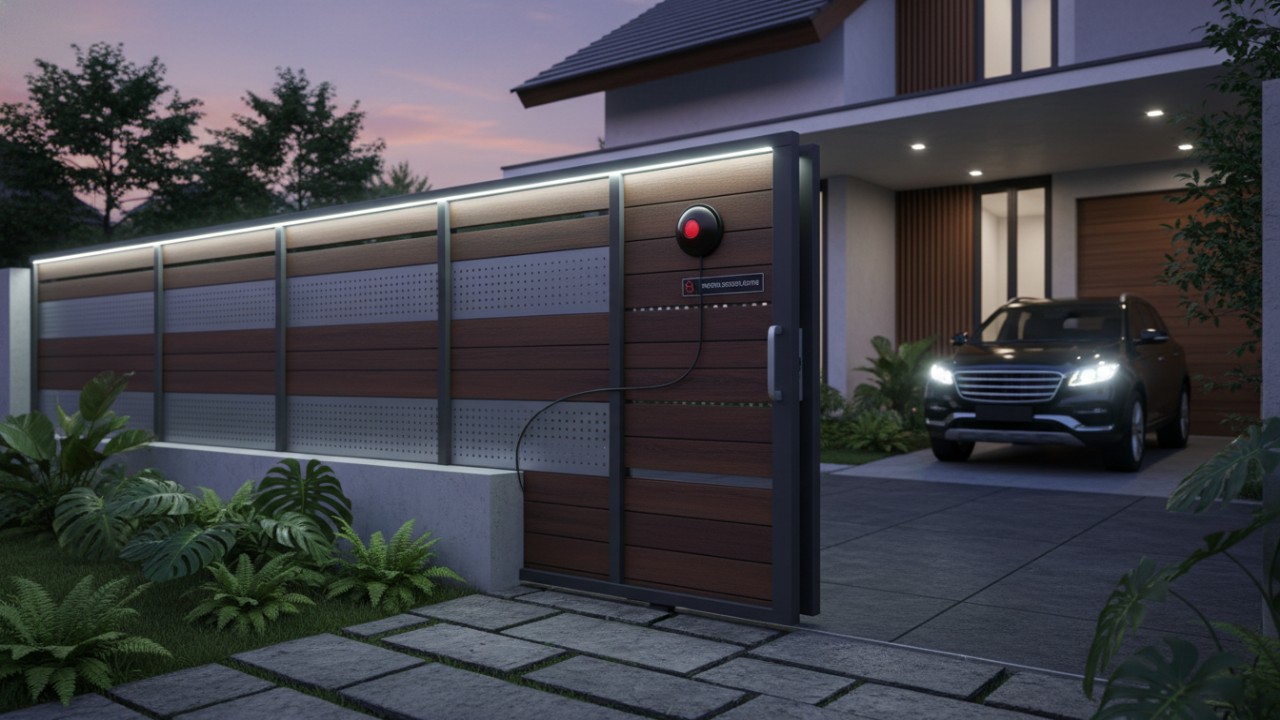 Sensor gerak terintegrasi pada pagar besi hollow modern