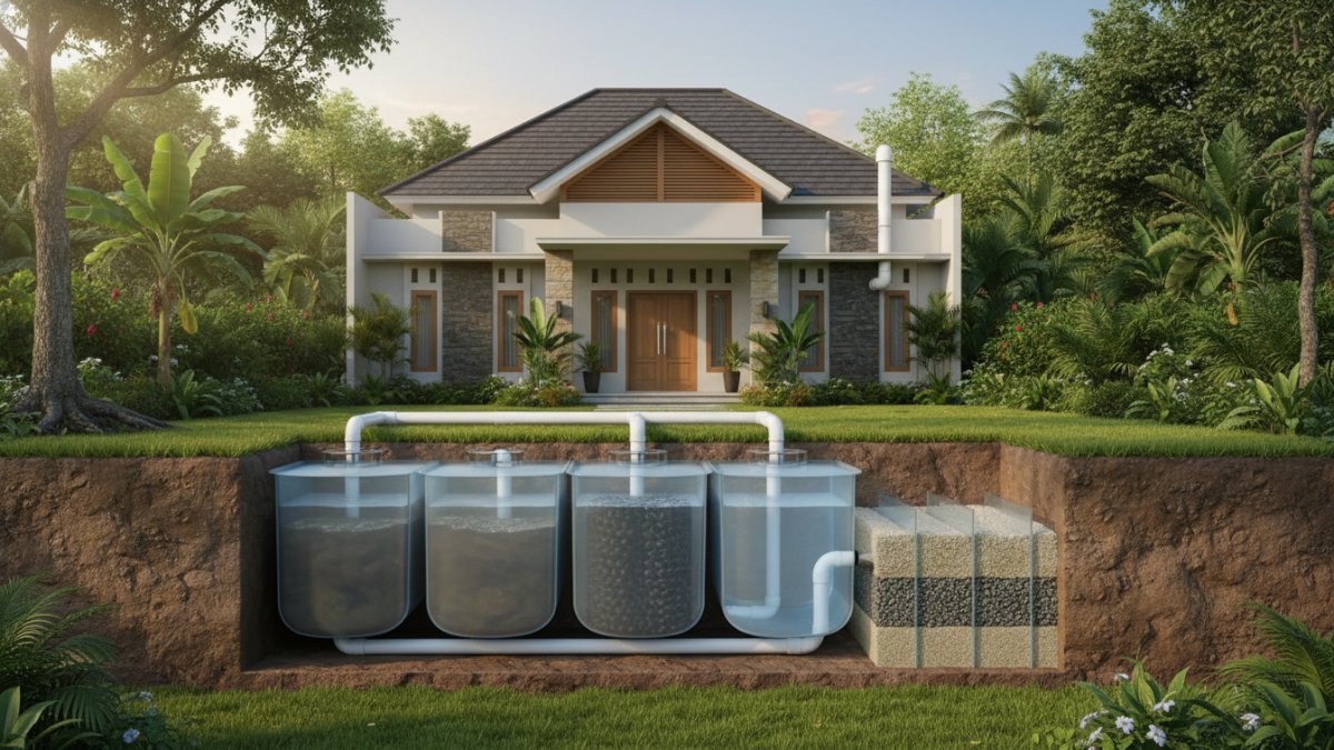Ilustrasi sistem septic tank rumah yang terawat dan terintegrasi dengan hunian modern.