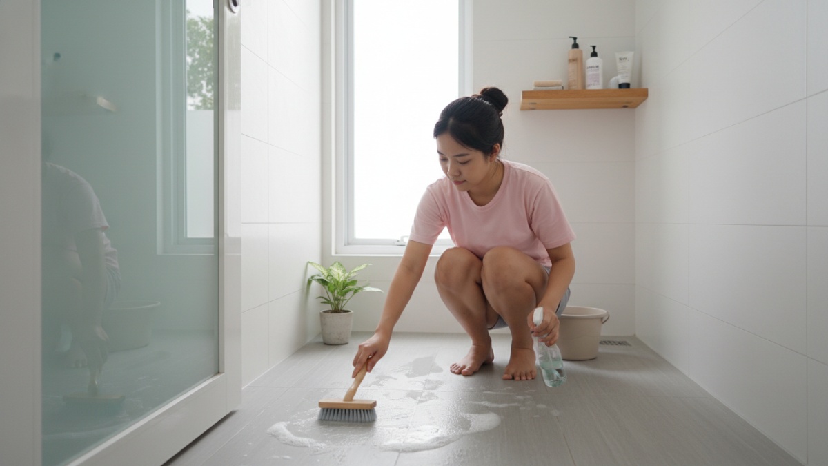 Proses pembersihan ringan lantai kamar mandi sehari-hari.
