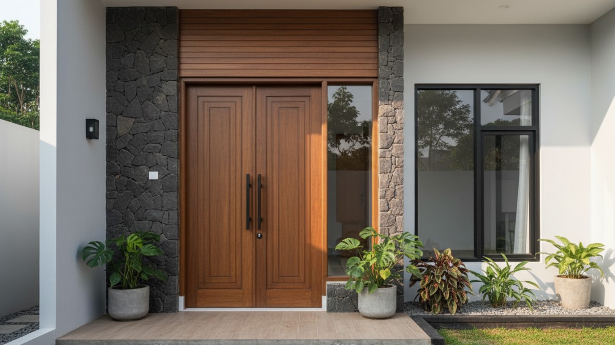 Pintu depan rumah minimalis dengan desain modern dan material natural.