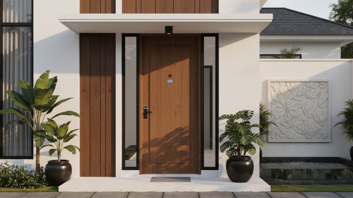 Bidang pintu lebar dengan garis tegas pada fasad rumah.