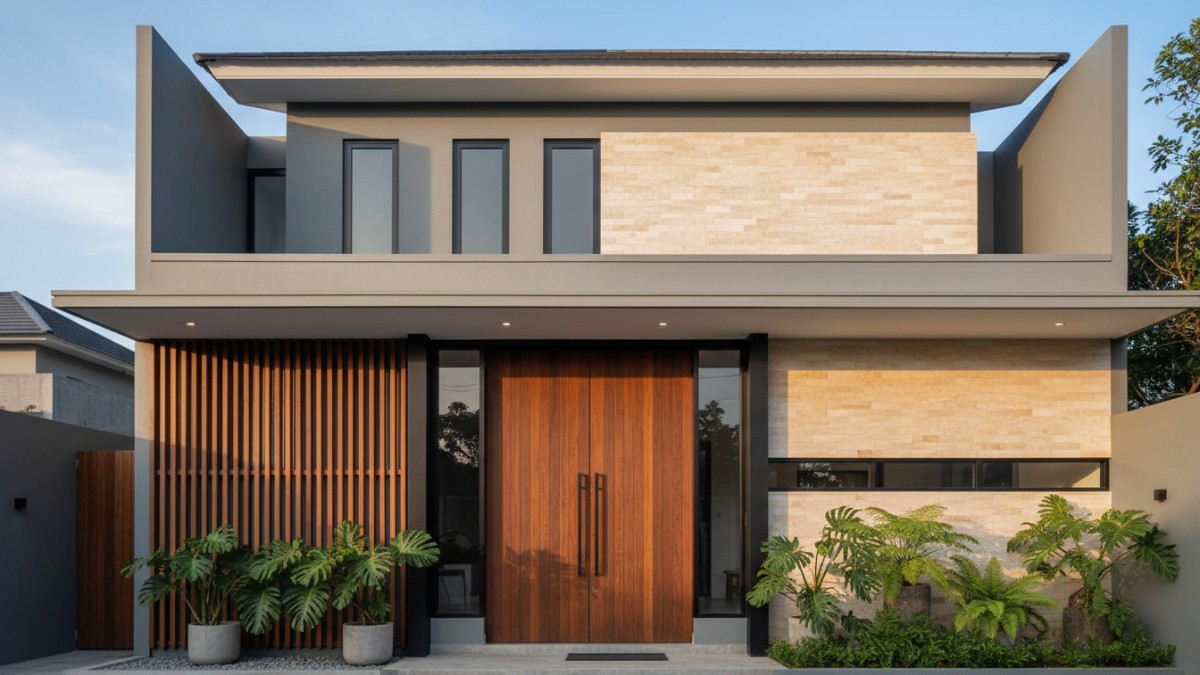 Bidang pintu lebar dengan garis tegas pada fasad rumah.