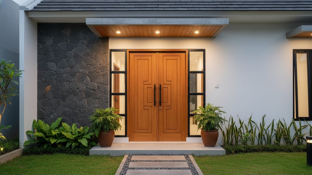 Pintu depan rumah minimalis modern dengan material campuran.