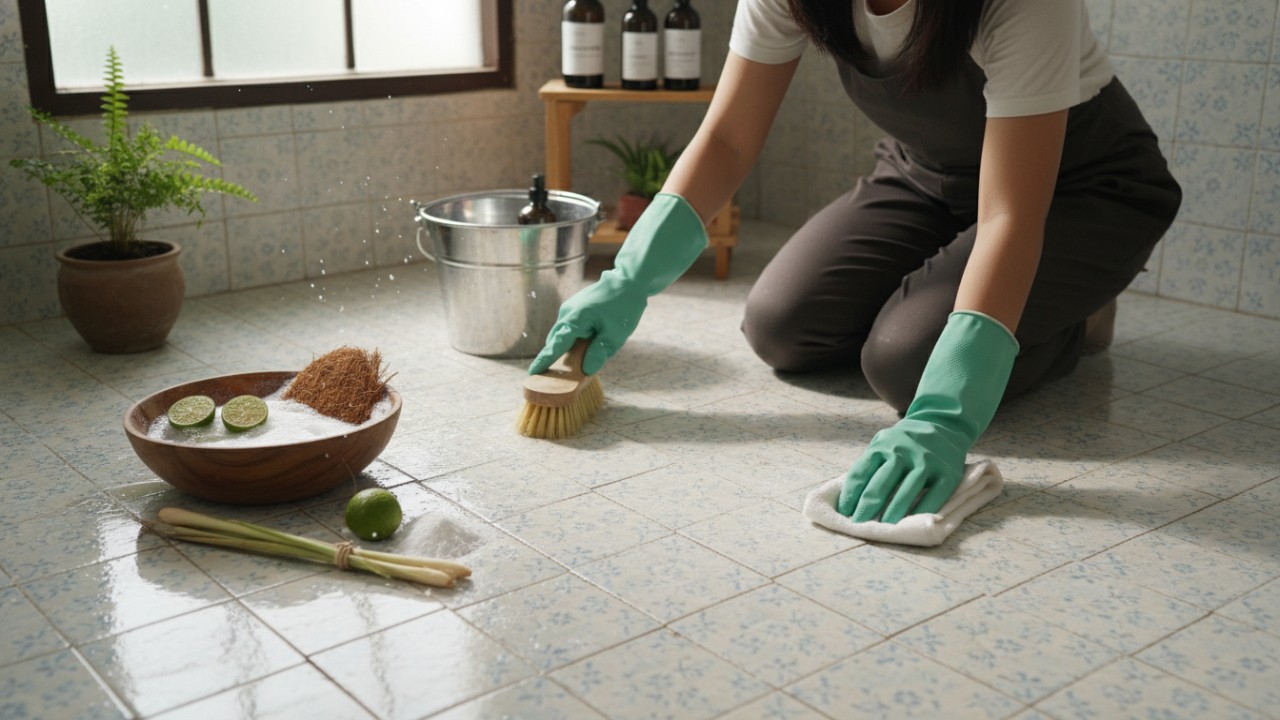 Lantai kamar mandi keramik dibersihkan menggunakan bahan alami agar kembali cerah dan terawat