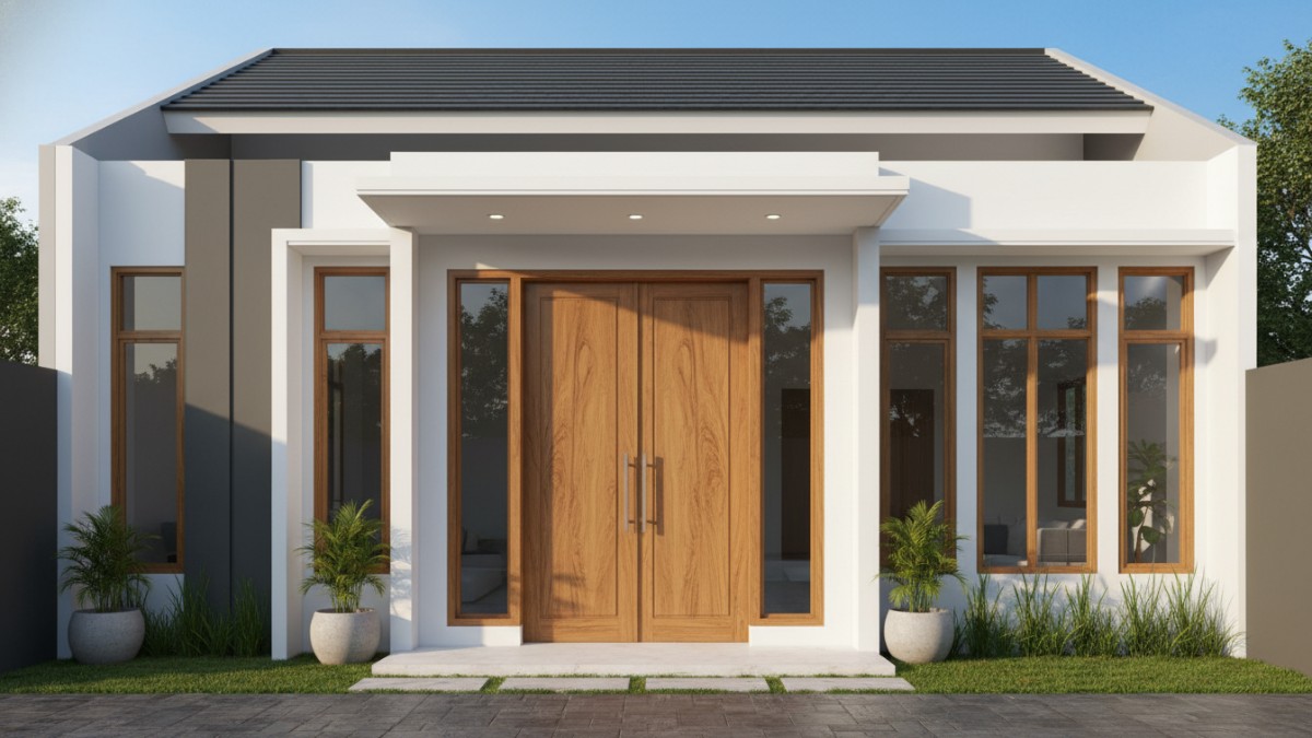 Finishing halus pintu rumah tanpa detail berlebihan.