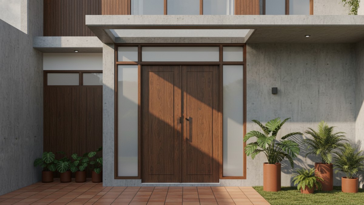 Aksen kaca buram pada pintu depan untuk cahaya alami. Pintu depan minimalis membentuk pengalaman masuk rumah berkelas.