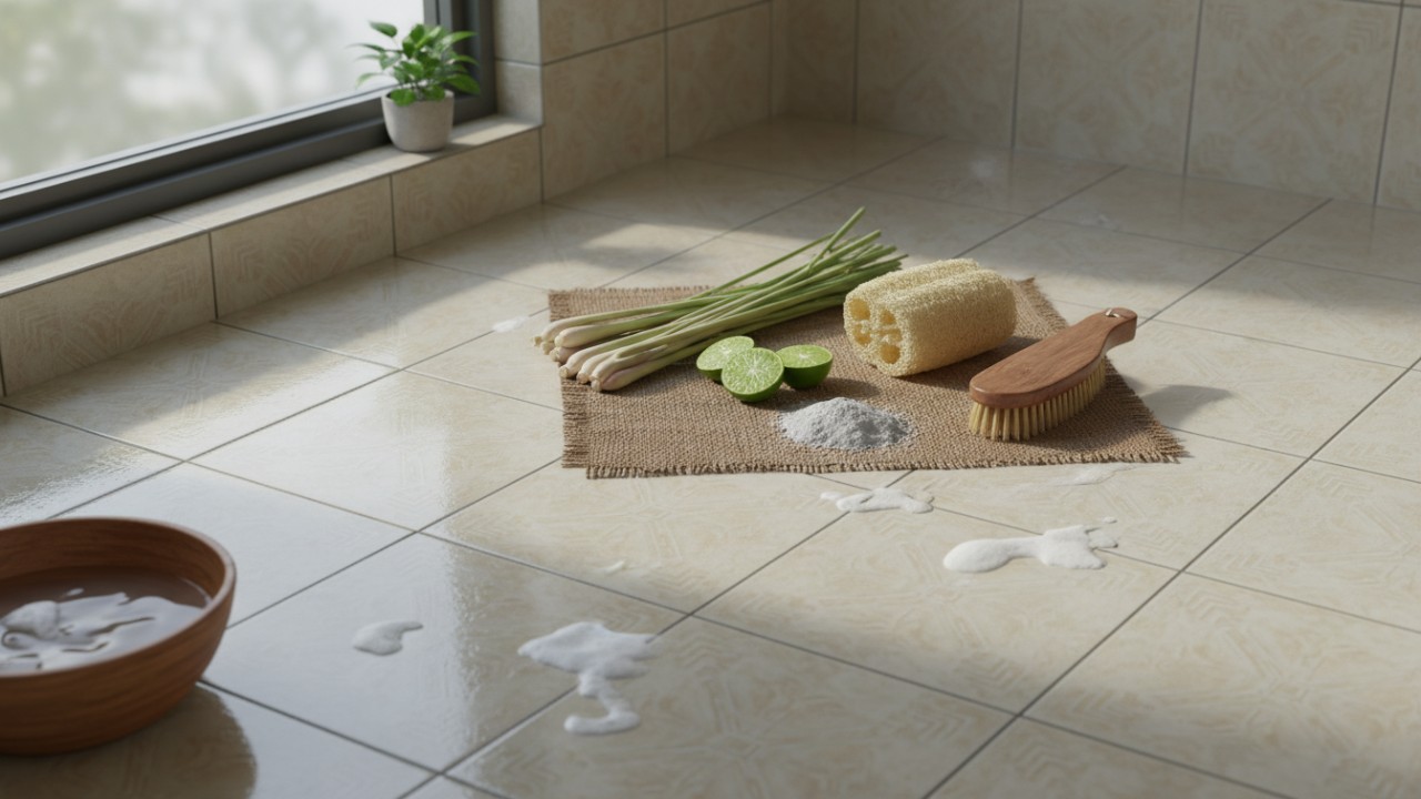 lantai kamar mandi keramik yang dibersihkan dengan teknik alami.