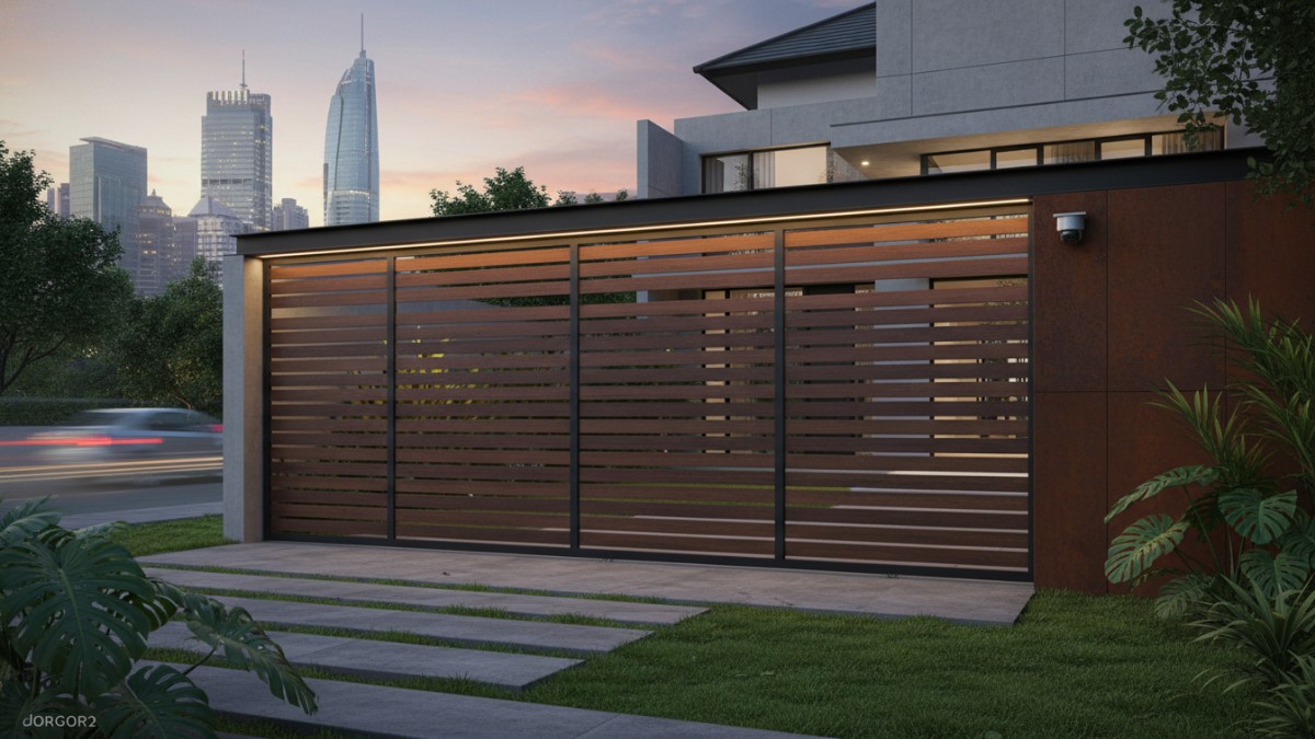 Pagar minimalis modern dengan sensor gerak yang menyatu rapi dengan fasad rumah kontemporer.