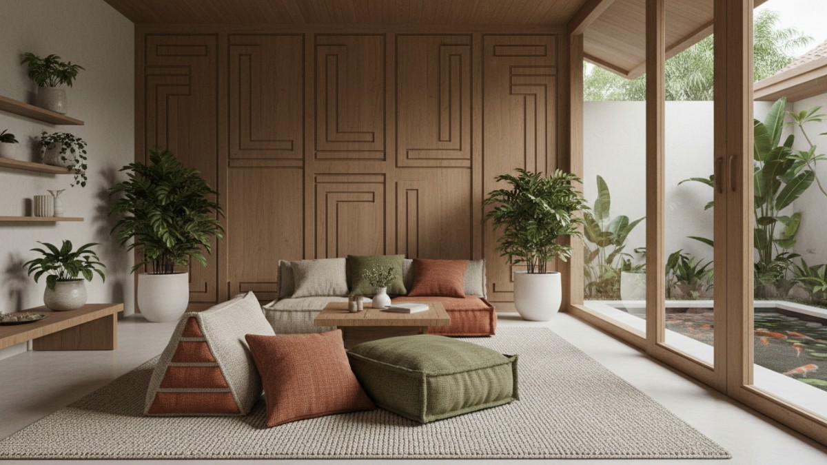 Bantal lantai dan karpet bertekstur memperkuat kenyamanan duduk