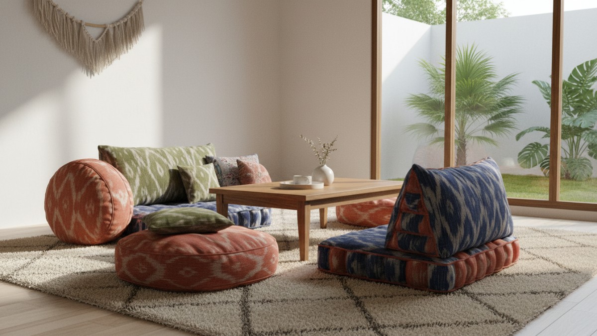 Bantal lantai dan karpet bertekstur memperkuat kenyamanan duduk