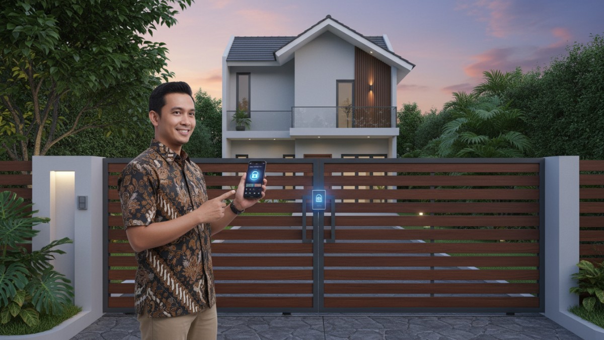 Ilustrasi integrasi pagar sensor gerak dengan aplikasi rumah cerdas.