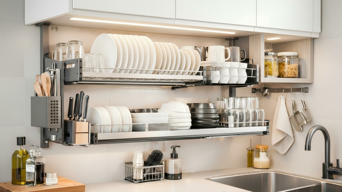 Rak piring dapur minimalis modern dengan desain fungsional dan estetik tahun 2026.