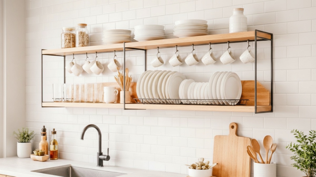 Rak piring dapur minimalis dengan dinding terbuka kayu dan logam tipis.