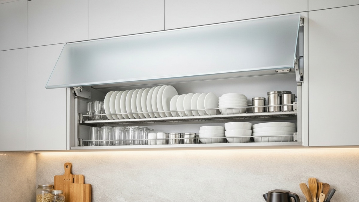 Rak piring dapur minimalis tersembunyi dalam kabinet atas dengan kaca buram.