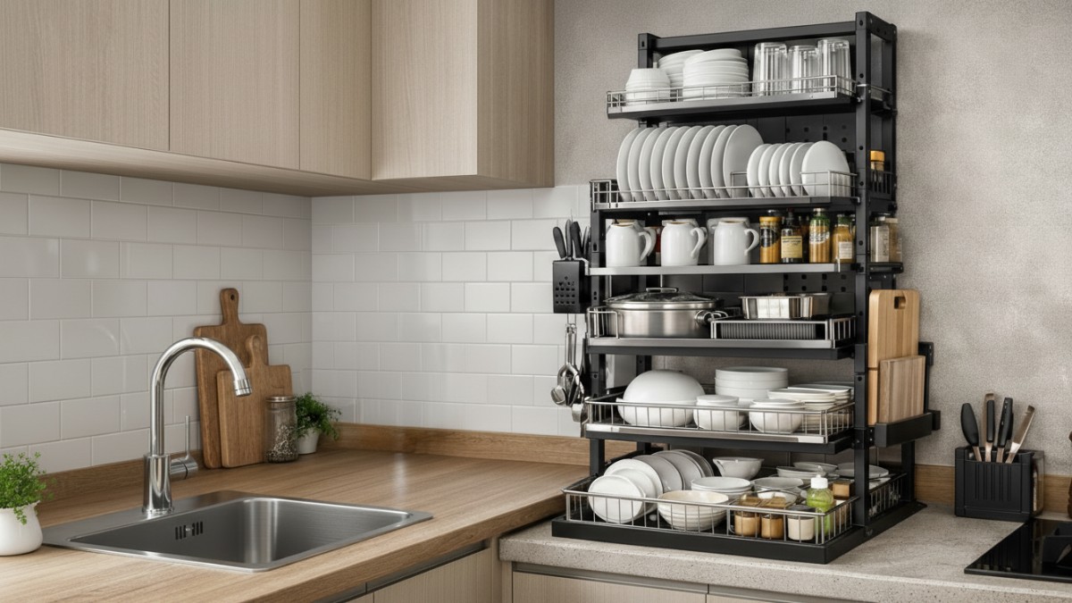 Rak piring modular vertikal untuk dapur minimalis di lahan sempit.