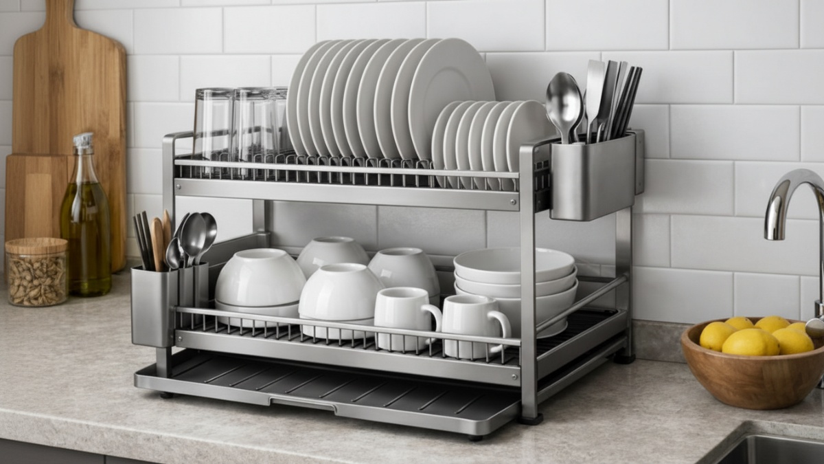 Rak piring dapur minimalis stainless steel matte dengan tampilan modern.