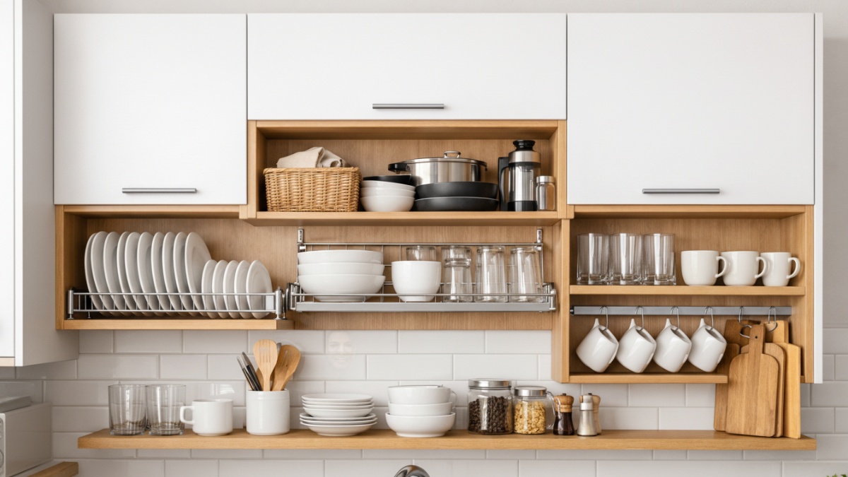 Rak piring kombinasi terbuka dan tertutup untuk dapur minimalis.