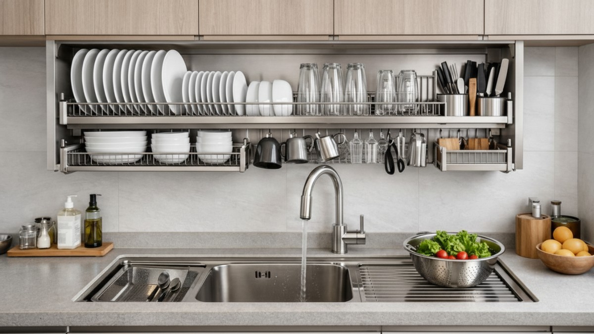 Rak piring multifungsi yang terintegrasi dengan area cuci pada dapur minimalis.